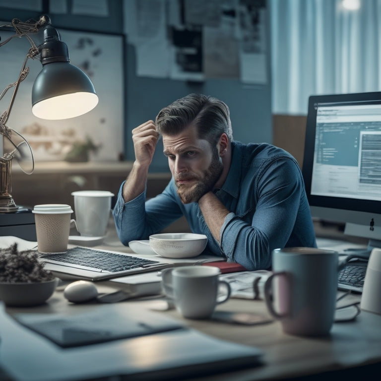 A frustrated person sitting at a desk with a cluttered computer screen displaying multiple pop-ups, ads, and loading icons, surrounded by scattered papers and a broken coffee cup.