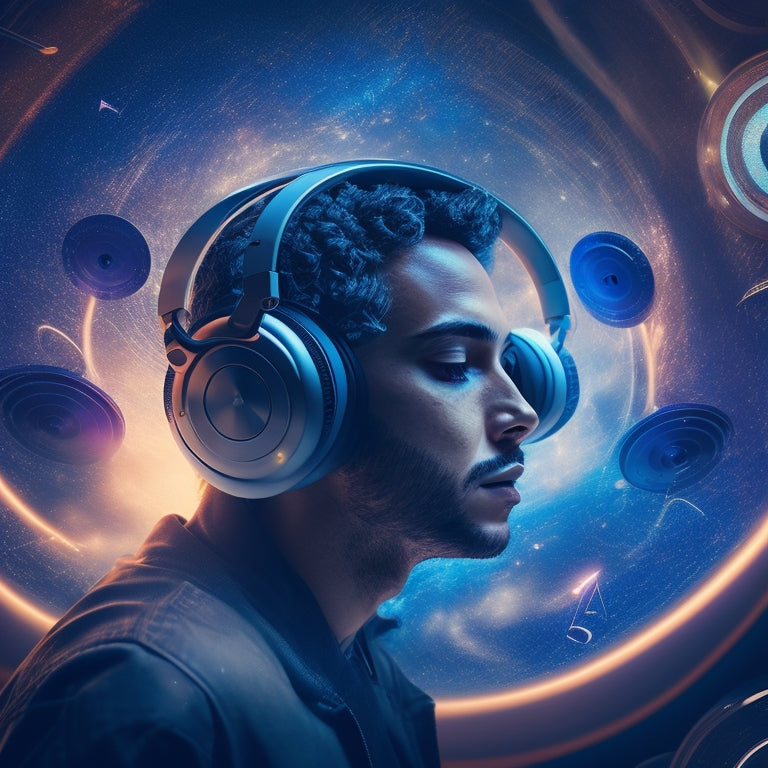 A surreal, dreamlike illustration of a person surrounded by swirling vinyl records, headphones, and musical notes, with glowing, ethereal sound waves emanating from their ears.