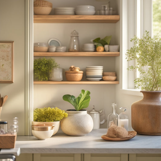 A serene kitchen scene: soft morning light, warm beige cabinets, a vase with fresh greenery on a clutter-free counter, and a few carefully placed cookbooks on a wooden shelf, exuding calm and organization.