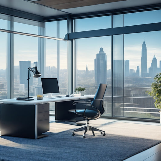 A modern, sleek office interior with a large window, a minimalist desk, and a few ergonomic chairs, surrounded by a cityscape outside, conveying a sense of professionalism and productivity.