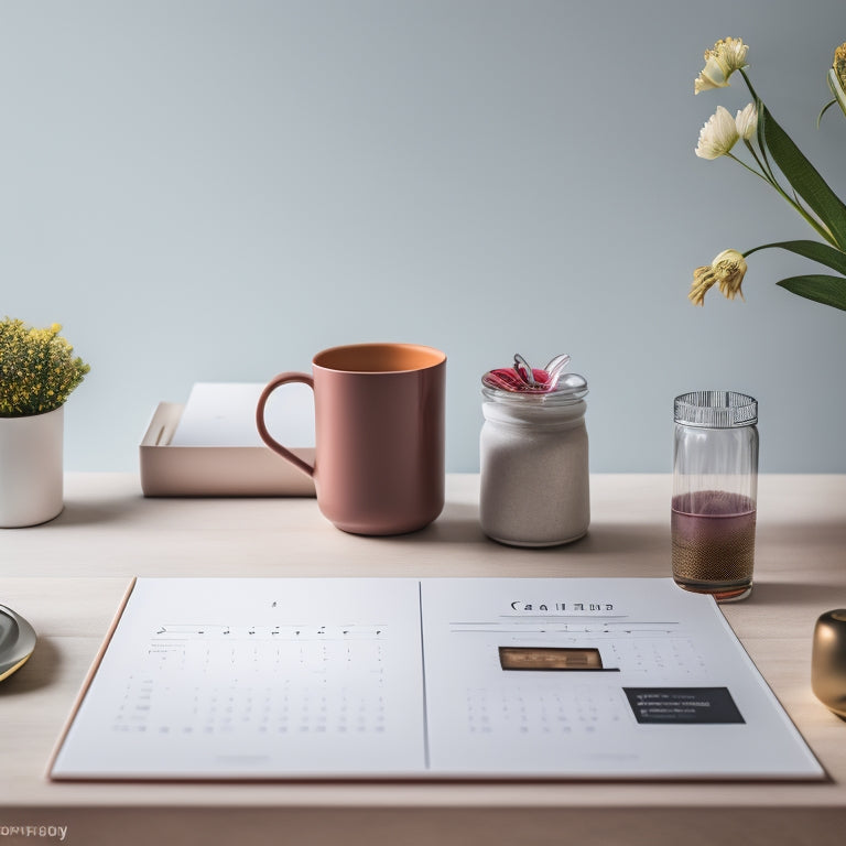 A minimalist desk setup featuring a beautifully designed paper calendar with colorful tabs and stylish typography, surrounded by a few elegant pens, a small vase with fresh flowers, and a cup of steaming coffee.