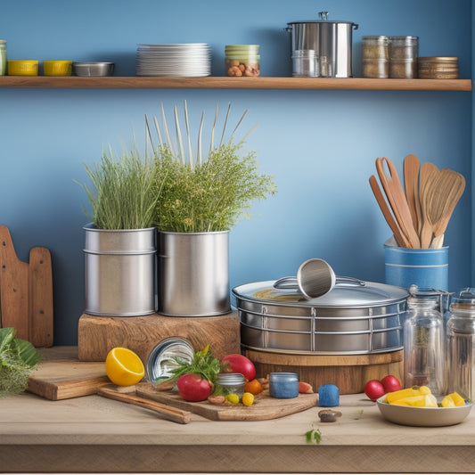 A clutter-free kitchen counter with a few cans stacked vertically using a repurposed wooden dowel, surrounded by a few opened cans with utensils and ingredients nearby, on a bright, clean background.