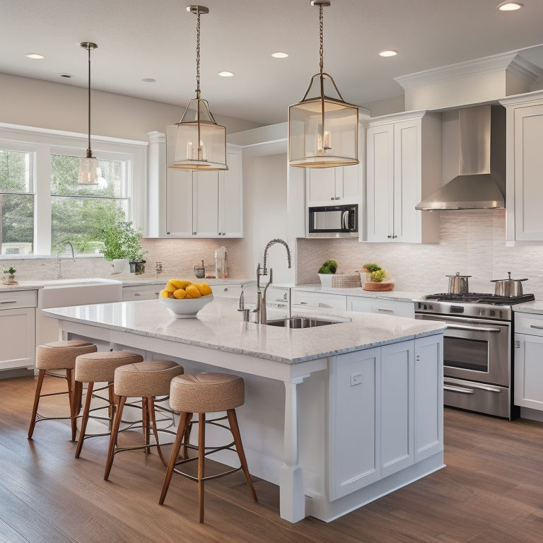 A bright, modern kitchen with sleek white cabinets, quartz countertops, and stainless steel appliances, featuring a large island with seating, pendant lighting, and a farmhouse sink.