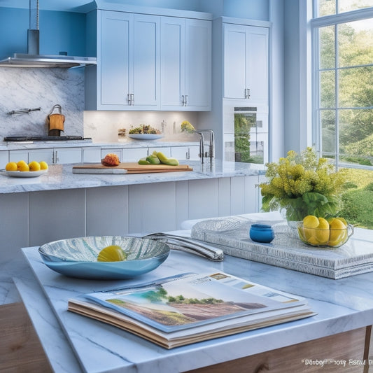 A stylized kitchen island with sleek, white countertops and modern, chrome fixtures, surrounded by scattered kitchen design magazines with vibrant, glossy covers and dog-eared pages.