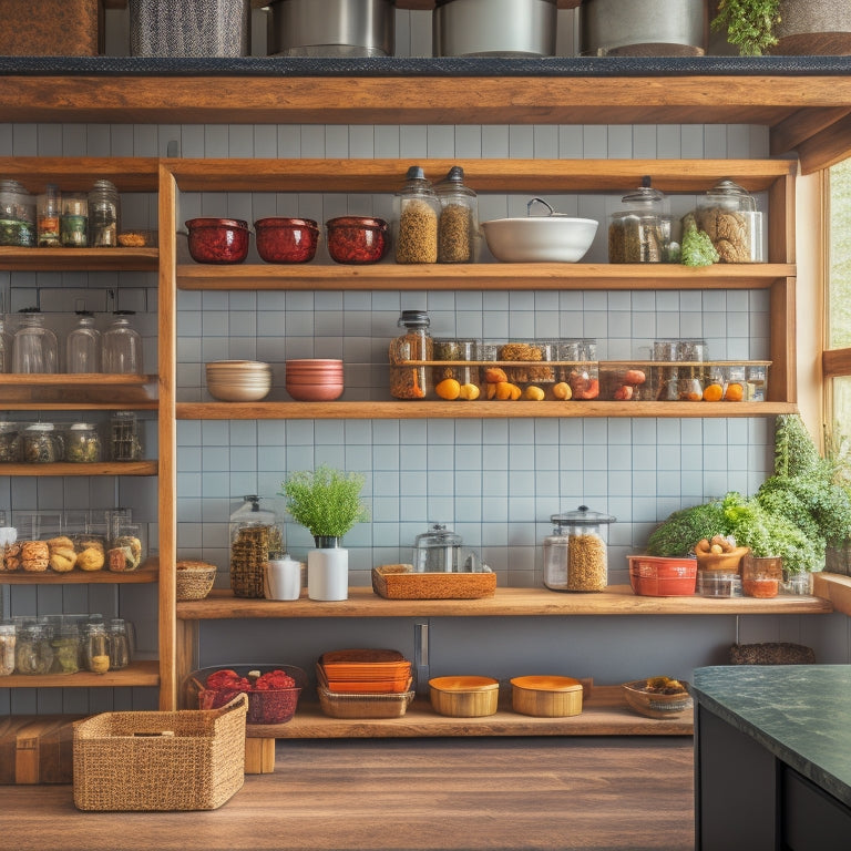 A tidy, modern kitchen with a floor-to-ceiling spice rack filled with neatly labeled jars, a wooden oil crate on the counter, and a few decorative cookbooks in the background.