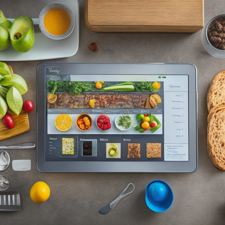 A stylized kitchen background with a tablet or smartphone displaying a meal planning app, surrounded by utensils, ingredients, and a few recipe cards, with a subtle grid of icons in the background.