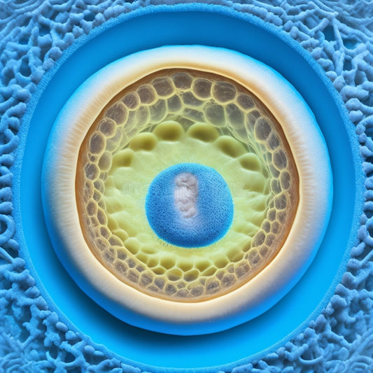 A microscopic illustration of a 3-day-old chick embryo, surrounded by a faint grid of tiny squares, with delicate blood vessels and organs visible beneath translucent skin, against a soft, gradient blue background.