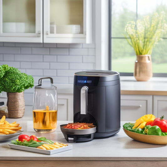 A sleek, modern kitchen counter with a stainless steel air fryer as the centerpiece, surrounded by vibrant, colorful vegetables and a few crispy, golden-brown fries.