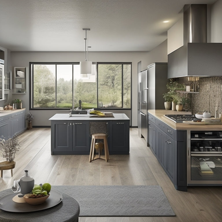 A modern kitchen with sleek countertops, surrounded by a large, open-plan living area, featuring a laptop on a kitchen island, displaying a Notion template on the screen.