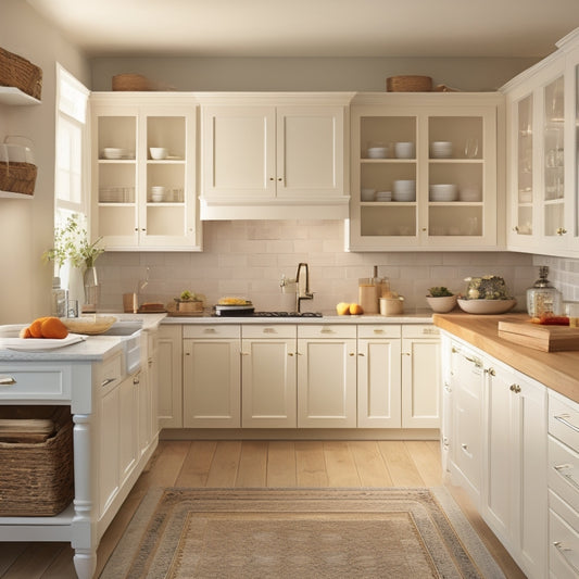 A serene, well-lit kitchen with cream-colored cabinets, featuring soft-close drawers and doors with sleek, silver handles, and organized interior shelves with neatly arranged cookware and utensils.