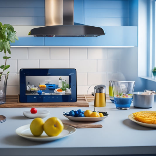 A modern kitchen with a large, sleek tablet on the counter, surrounded by various kitchen utensils and ingredients, with five colorful app icons reflected on the tablet's screen.