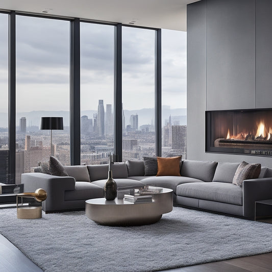 A modern living room with a sleek, floor-to-ceiling Allusion Platinum Fireplace as the focal point, surrounded by plush grey sofas, minimalist decor, and a cityscape view through floor-to-ceiling windows.