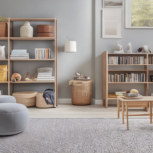 A tidy, well-organized living room with a minimalist aesthetic, featuring a sleek storage ottoman, a wall-mounted shelf with labeled baskets, and a few toys and books neatly arranged on a low-profile shelf.