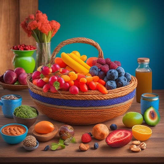 A vibrant and colorful illustration featuring a variety of healthy snacks, including fresh fruits, nuts, carrot sticks with hummus, and energy balls, arranged on a wooden table or in a basket.
