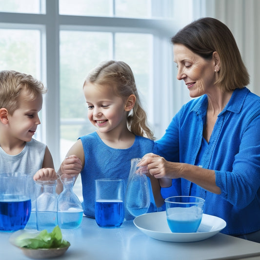 A serene family scene: a mother, father, and two children (ages 5-8) gathered around a kitchen table, with a pitcher and glasses of clear water, amidst a subtle background of faint water droplets and a soft, calming blue hue.