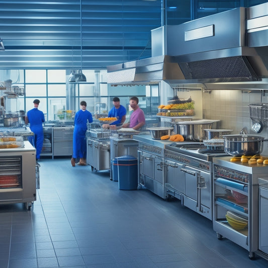 A bustling commercial kitchen scene with stainless steel countertops, rows of hanging pots and pans, and a symphony of appliances, including a commercial range, refrigerators, and dishwashers.