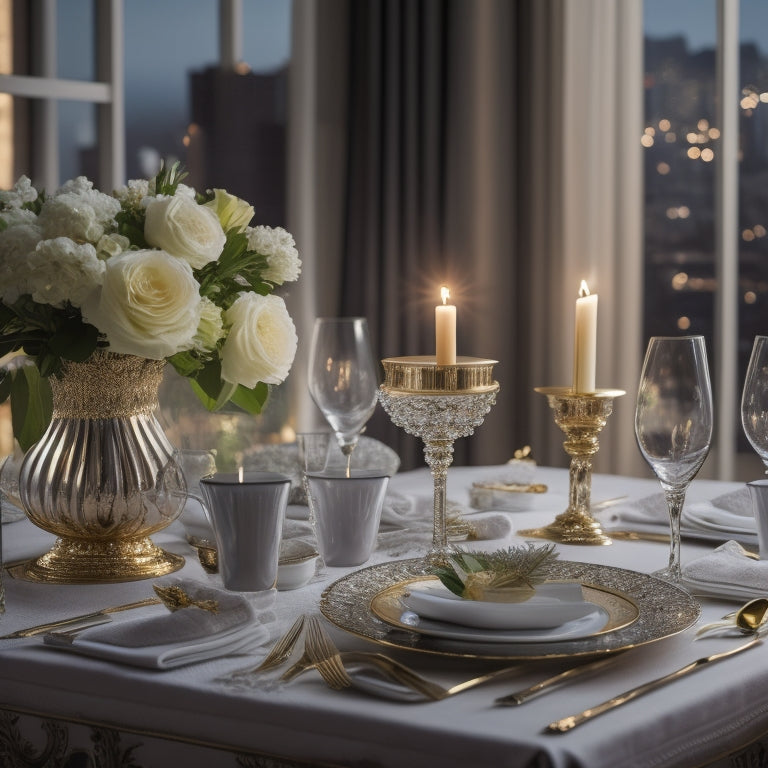 A luxurious, candlelit dinner table set with fine china, crystal glasses, and a majestic floral centerpiece, surrounded by elegant drapes and a softly lit cityscape in the background.