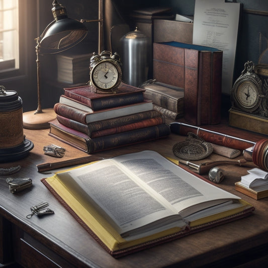 A cluttered desk with scattered papers and pens transforms into an organized workspace with a tidy bookshelf, a single, leather-bound book open to a calendar page, and a clock with hands pointing to 9:00 AM.