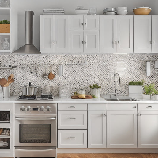 A tidy, L-shaped kitchen with white cabinets, gleaming stainless steel appliances, and a minimalist backsplash, featuring a utensil organizer on the counter and a pegboard on the wall.