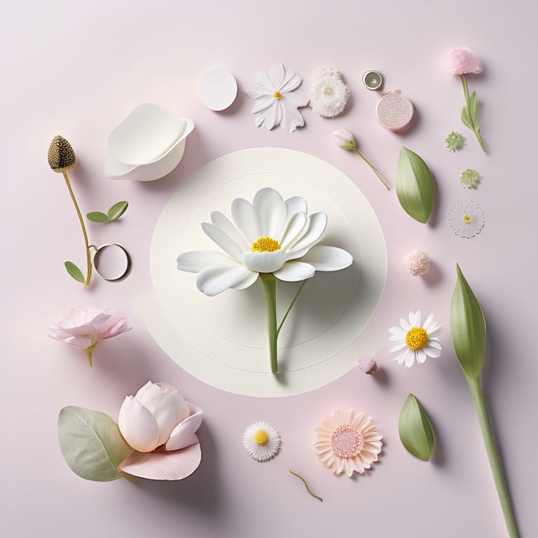 A minimalist illustration of a blooming flower made up of tiny Etsy shop icons, surrounded by a subtle magnifying glass and a faint grid of keywords in the background, with a soft, pastel color scheme.