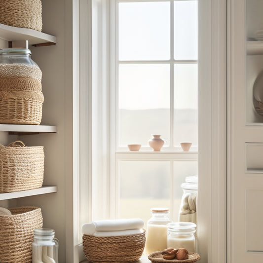 A serene, minimalist pantry interior with creamy white shelves, a few elegant glass jars, and a small, woven basket, illuminated by soft, warm light filtering through a nearby window.