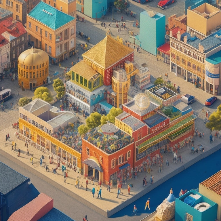 A vibrant illustration of interconnected people from diverse backgrounds forming a giant puzzle, with puzzle pieces shaped like houses, buildings, and streets, set against a bright, sunny urban landscape.