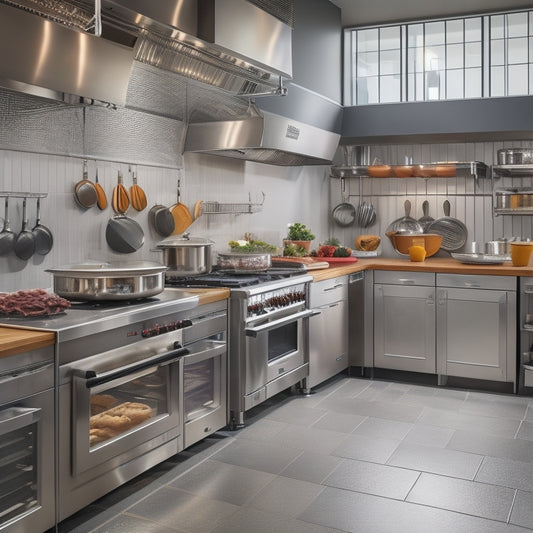 A bustling commercial kitchen with stainless steel appliances, a central island with a gas range, and a rear wall lined with shelves stocked with chef's utensils and cookware.