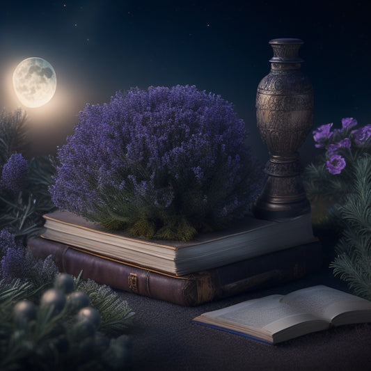 An illustration of a lush, blooming rosemary plant surrounded by ancient, worn-out tomes and mystical, glowing orbs, set against a misty, moonlit background with subtle, shimmering stars.