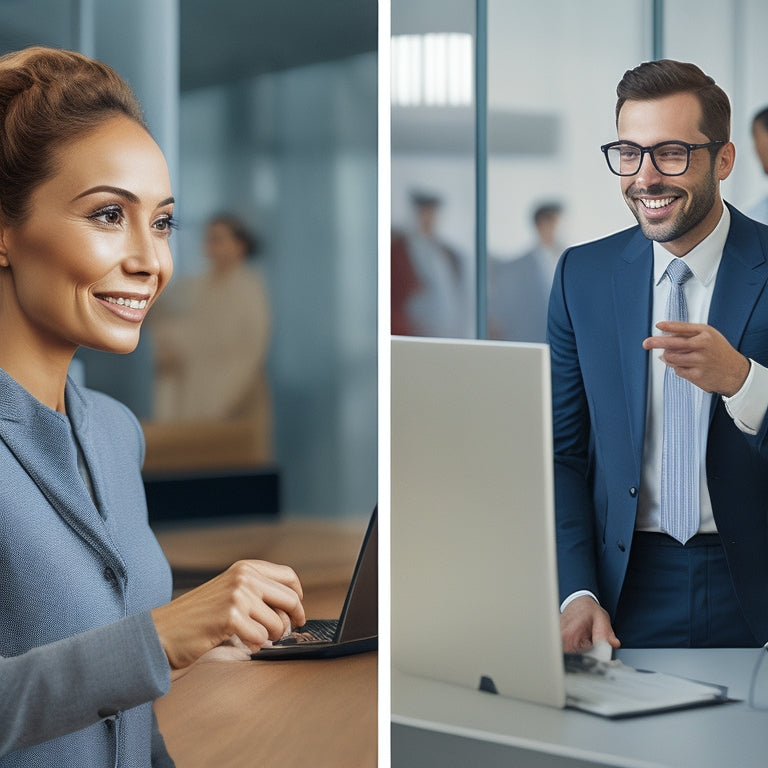 A split-screen image: on the left, a frustrated customer standing in front of a long queue at a bank, with a clock ticking in the background; on the right, a smiling customer chatting with a friendly bank representative at a sleek, modern desk.