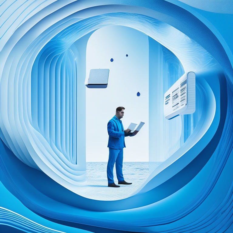 A futuristic, minimalist illustration featuring a person surrounded by floating e-readers, with swirling lines and shapes in shades of blue and white, evoking a sense of navigation and trend analysis.