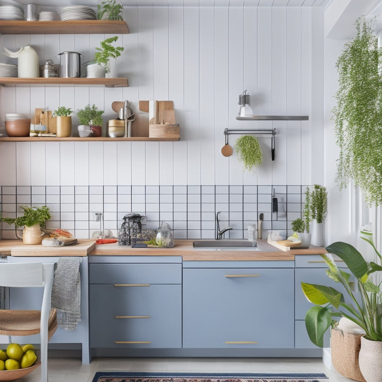 A bright, modern small kitchen with a tidy U-shaped counter, a few sleek appliances, and a pegboard on the wall, showcasing organized utensils, cookbooks, and a few decorative plants.