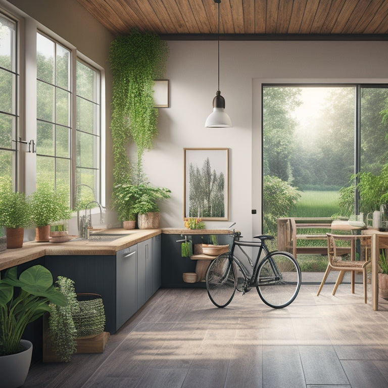 A cozy 1-bedroom house with large windows, modern wooden furniture, and a sleek kitchen, surrounded by lush greenery, with a small patio and a bike parked outside.