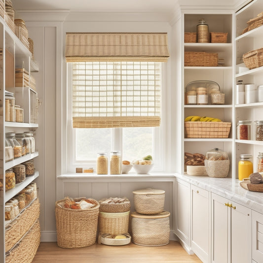 A bright, airy pantry with sleek white shelves, wicker baskets, and clear glass jars filled with neatly stacked canned goods, pasta, and spices, surrounded by warm natural light.