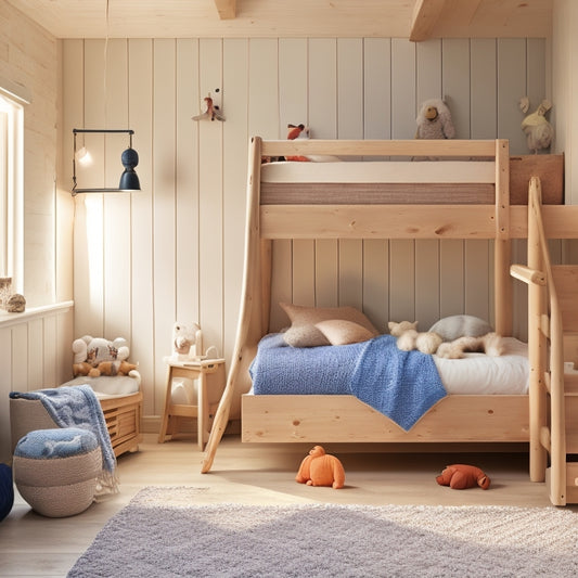 A serene, well-lit bedroom featuring a sturdy solid pine bunk bed with a natural finish, adorned with subtle wooden knots, against a soft, creamy wall with a few scattered toys and a cozy area rug.