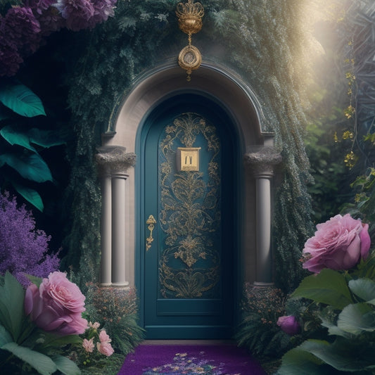 A whimsical, dreamy illustration of a grand, ornate door adorned with lush greenery, flowers, and sparkling fairy lights, opening to reveal a cascade of colorful wedding invitations.