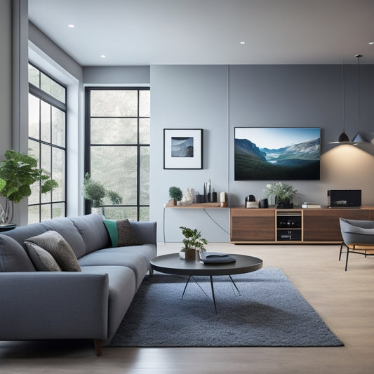 A modern living room with sleek lines, soft lighting, and a large window, featuring various smart home devices, including a voice-controlled speaker, a smart thermostat, and a smart TV mounted on the wall.