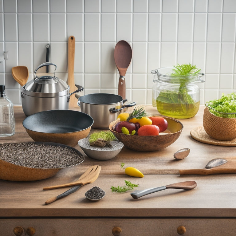 A clutter-free kitchen counter with a few, carefully arranged, essential tools: a chef's knife, cutting board, wooden spoon, silicone spatula, and stainless steel mixing bowls in the background.