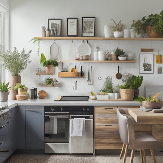 A tidy, modern kitchen with a few strategically placed items, including a tablet displaying a paused video of a decluttering expert, surrounded by organized utensils, cookbooks, and a few decorative plants.