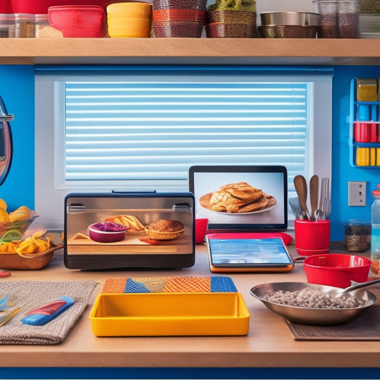 A colorful illustration of a food truck's kitchen interior, with a tablet on the counter displaying a kitchen inventory app, surrounded by utensils, ingredients, and shelves stocked with food and supplies.