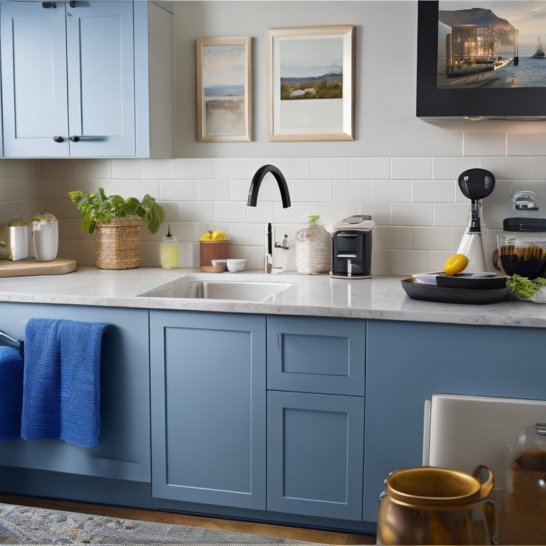 A bright, modern kitchen with sparkling countertops, a spotless sink, and a few strategically-placed digital devices, including a smart speaker, tablet, and smartphone, surrounded by cleaning supplies.