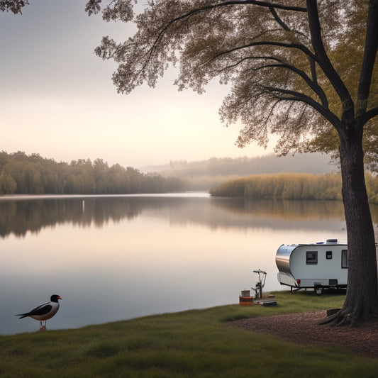 A serene campsite scene at dawn: a sleek, silver Dutchmen Ultra-Lite travel trailer nestled among trees, with a misty lake in the background and a few morning birds perched on nearby branches.