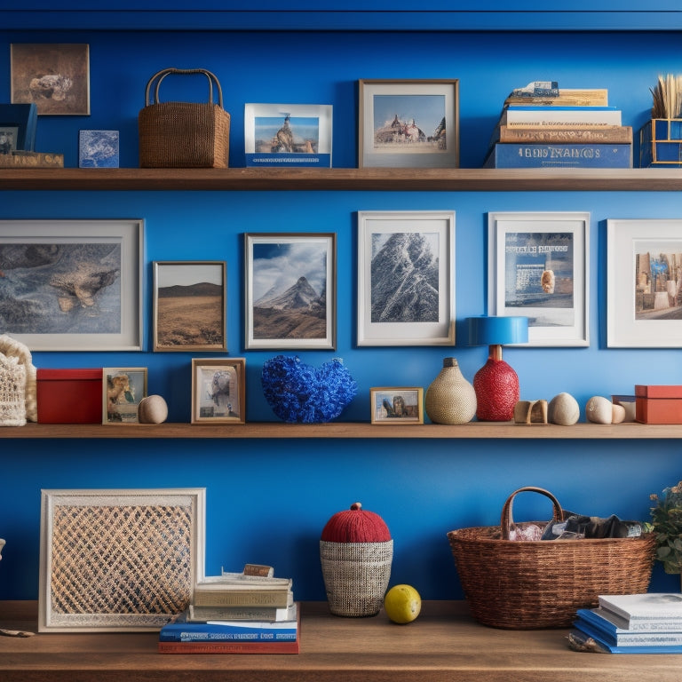 A colorful, clutter-free shelf with neatly arranged, labeled bins and baskets, holding various school memorabilia like artwork, photos, and certificates, surrounded by a few framed pictures.