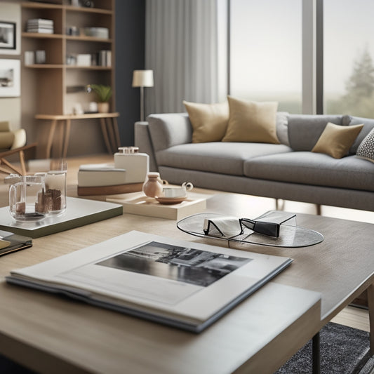 A serene, modern living room with a tablet on a coffee table displaying a 3D floor plan, surrounded by neatly organized folders, a miniature house model, and a pair of glasses.