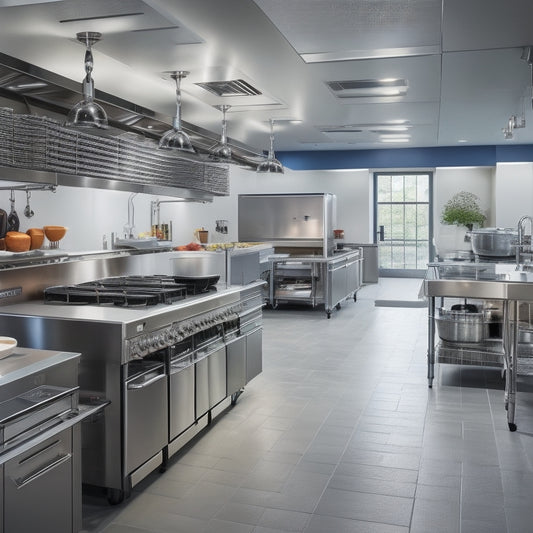 A bustling commercial kitchen with stainless steel countertops, organized utensil stations, and a centralized cooking island, surrounded by sleek appliances and illuminated by bright, energy-efficient lighting.