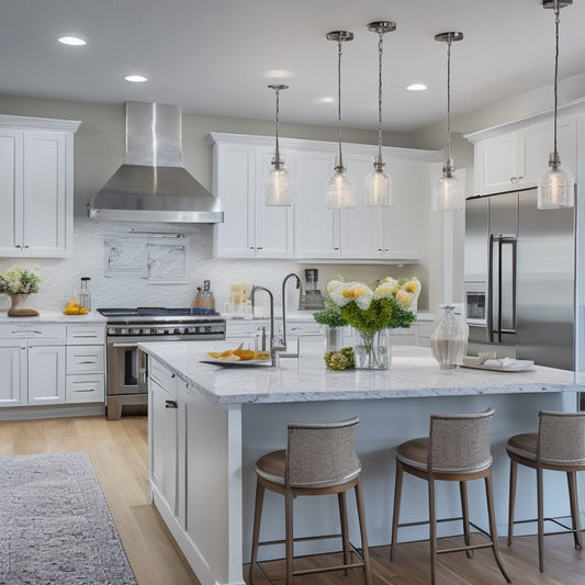 A bright, modern kitchen with sleek white cabinetry, stainless steel appliances, and quartz countertops, featuring a large center island with pendant lighting and a farmhouse sink.