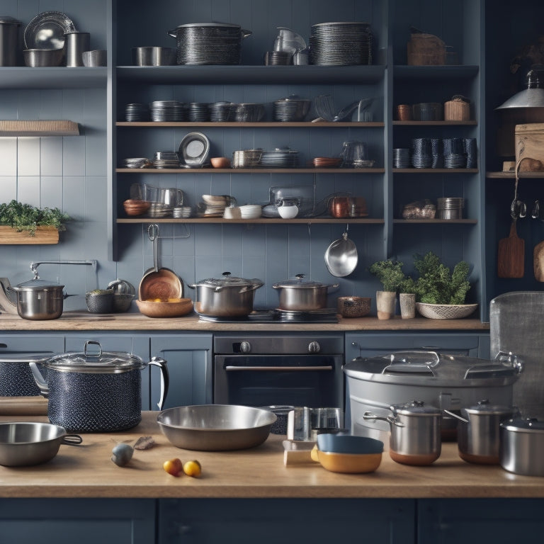 A chaotic kitchen scene with stacks of pots, pans, and utensils overflowing from countertops, while a few sleek, modern cabinets and shelves in the background hint at a more organized future.