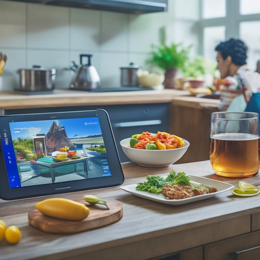 A modern kitchen with a tablet displaying a cooking app, surrounded by utensils, ingredients, and a half-prepared meal, with a blurred background of a chef in a cooking class.