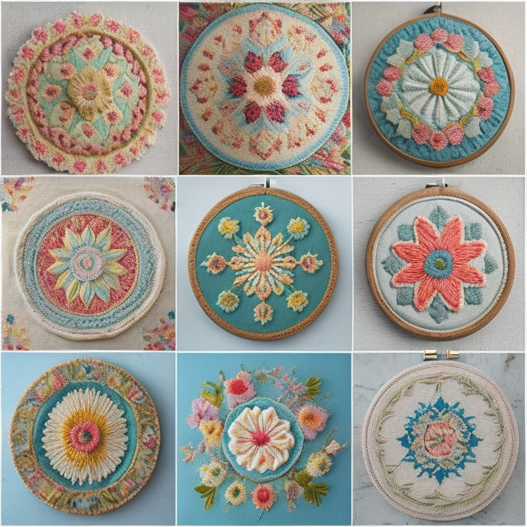 A vibrant, eclectic collage of 10-15 diverse embroidery patterns, including floral, geometric, and whimsical designs, arranged in a circular formation on a soft, creamy background.