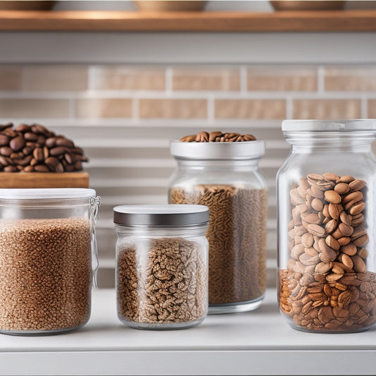 A still life composition featuring a variety of transparent glass containers with airtight lids, filled with an assortment of dry goods like oats, coffee beans, and nuts, against a clean white background.