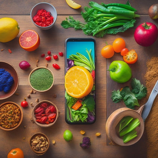 A smartphone screen displaying a variety of colorful, healthy, low-carb meal options, with a faint kitchen background, utensils, and a few fresh vegetables scattered around.